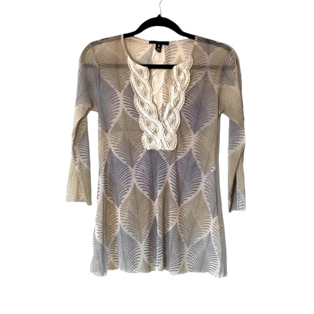 Anthropologie Westonwear Top Size Small Mesh 3/4 Sleeves Leaf Design Lace Sheer